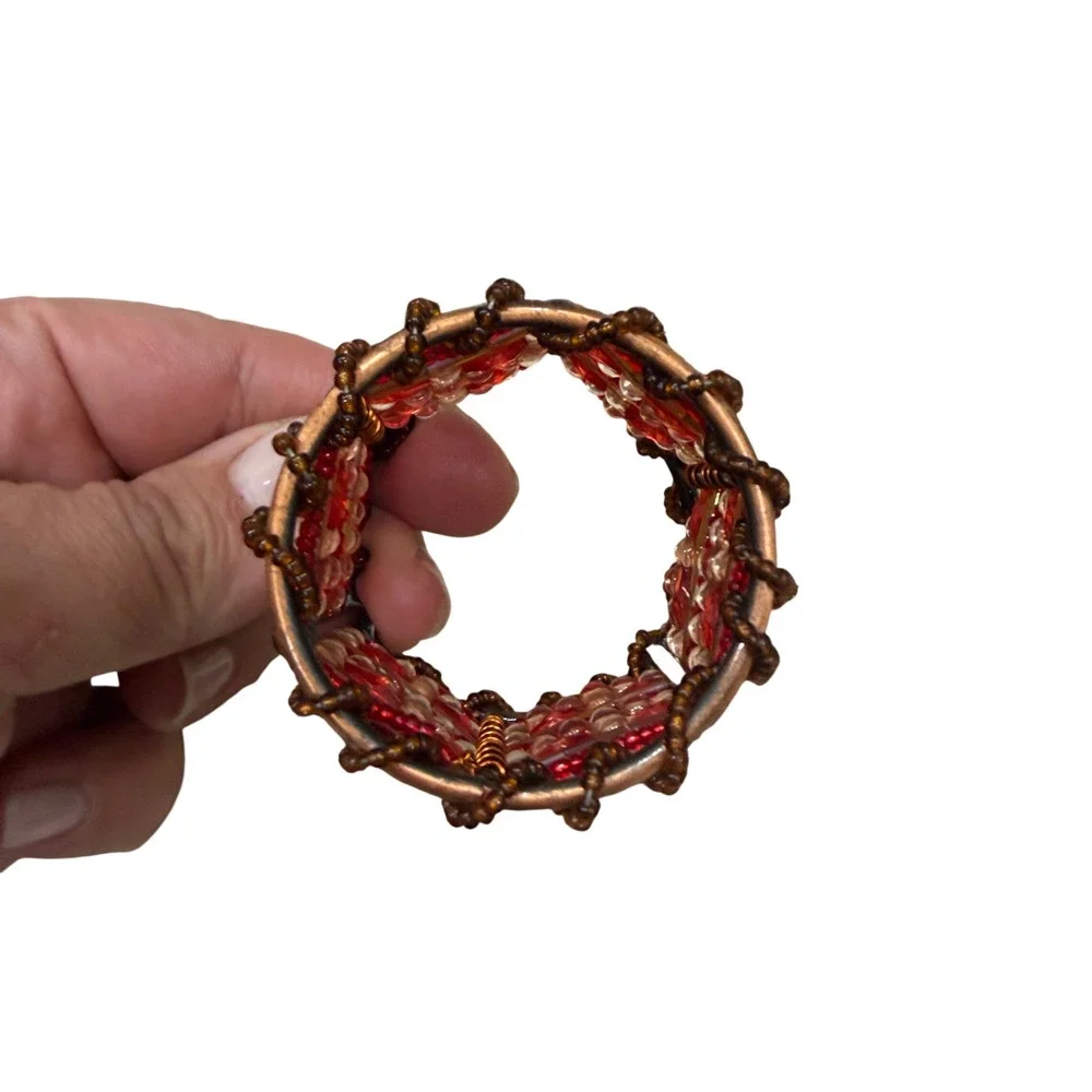 Pier 1 Imports Victorian Beaded Napkin Rings Red Copper Set of 8 Holiday Dining